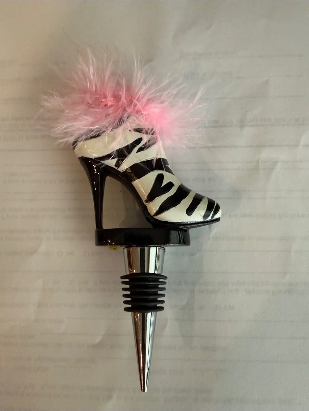 Decorative Zebra High Heel Wine Stopper with Pink Feather Trim